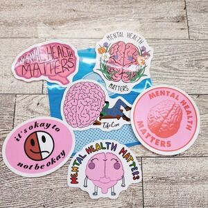 Mental Health Matters Stickers - Pink Awareness Positivity Brain Image - 6pc Set